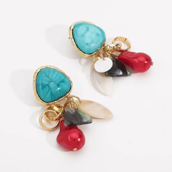 NEW Boho Glam Colorful Turquoise Gold Chunky Drop Earrings - Picture 4 of 5